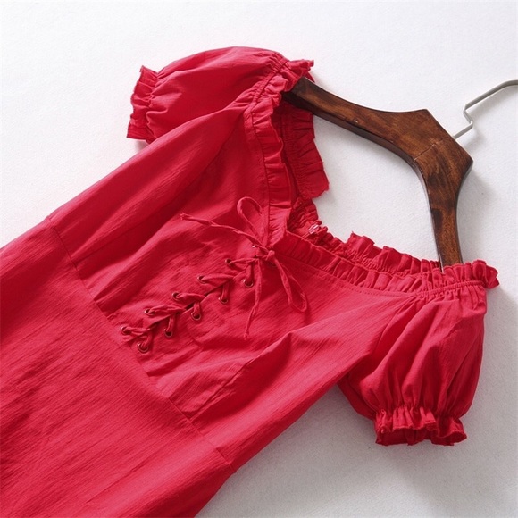 NEW Klara Lace Up Mini Cotton Linen Red Sun Dress - Picture 5 of 7